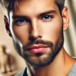 A close-up portrait of a man with a well-groomed three-day stubble beard. The man has a rugged yet sophisticated appearance, with a confident expression. The background is softly blurred to highlight the facial features and the texture of the stubble. The lighting is warm and natural, enhancing the contours of the face and the hair. The style is modern and appealing, suitable for a fashion or grooming magazine.